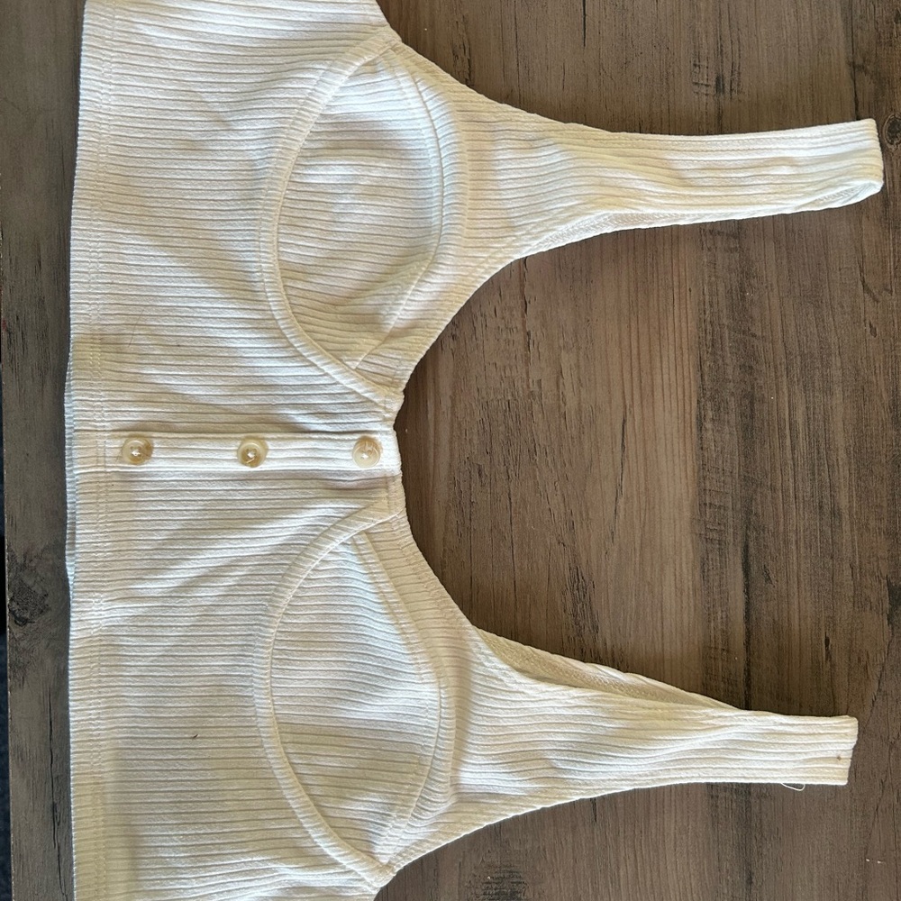 White Ribbed Button-Front Crop Top